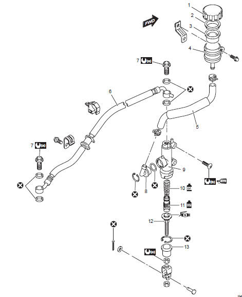 Suzuki GSX-R. Rear brake master cylinder components 